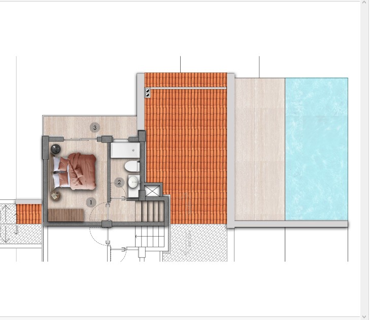 1. kat planı — yatak odası, banyo, balkon